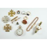 A QUANTITY OF JEWELLERY including a 22ct gold wedding band, 6.4 grams, a 14ct gold open faced pocket