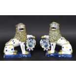 PAIR OF FRENCH FAIENCE HERALDIC LIONS - SIGNED possibly Rouen, each modelled as a lion on it's