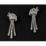 A PAIR OF DIAMOND DROP EARRINGS each set with baguette-cut and brilliant-cut diamonds in platinum,