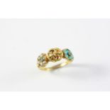 AN 18TH CENTURY GOLD RING with later mounted stones of turquoise, small pearls and a diamond. Size