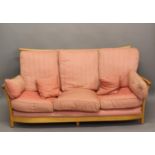 LARGE MODERN ERCOL 'RENAISSANCE' SOFA a large three seater light ash sofa with curved back and arms,