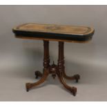 A VICTORIAN AESTHETIC PERIOD CARD TABLE. The rectangular top with rounded ends with burr walnut
