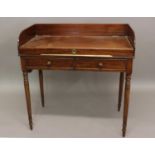 A 19TH CENTURY MAHOGANY ENCLOSE WASHSTAND with hinged top on turned legs, 92 cms wide