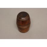 A MID 19TH CENTURY TREEN BARREL. In two parts joining at the centre, with ringed decoration to the