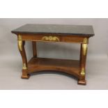 AN EARLY 19TH CENTURY EMPIRE MARBLE TOPPED CONSOLE TABLE. With a broad rectangular black marble