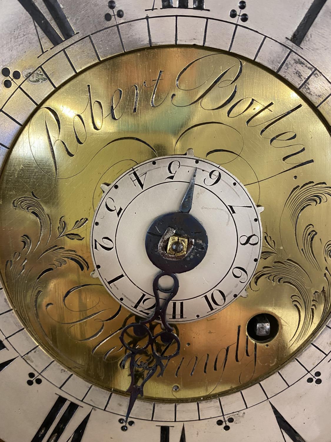 AN 18TH CENTURY WALL CLOCK BY ROBERT BOTLEY OF BLETCHINGLY. With a 20cm brass dial with silvered - Image 13 of 13