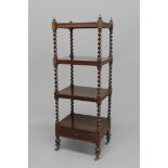 A REGENCY ROSEWOOD FOUR TIER WHATNOT. A Whatnot with four rectangular shelves with spiral