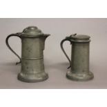 A LARGE 18TH CENTURY PEWTER 'UNION SOCIETY' JUG AND ANOTHER. The large lidded jug with a domed