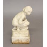 A VICTORIAN CARVED MARBLE STATUE OF A KNEELING NYMPH. The crouching figure kneeling on a