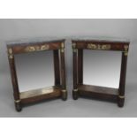 A PAIR OF FRENCH EMPIRE MARBLE TOPPED CONSOLE TABLES. Each with rectangular veined grey marble
