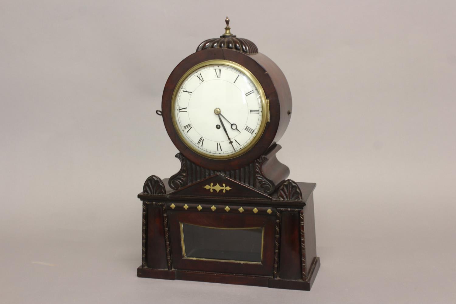A REGENCY BRASS INLAID MAHOGANY BRACKET CLOCK. With a circular convex white enamelled dial with