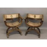 A PAIR OF 19TH CENTURY ITALIAN SAVONAROLA CHAIRS. A decorative pair of X framed 'throne' chairs with