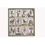 A FRAMED PANEL OF 12 CERAMIC TILES OF PERFORMING ACROBATS. The twelve tin glazed tiles of performing