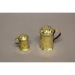 TWO 18th CENTURY BRASS SHAKERS OR SIFTERS. Both of cylindrical form with domed pierced tops and