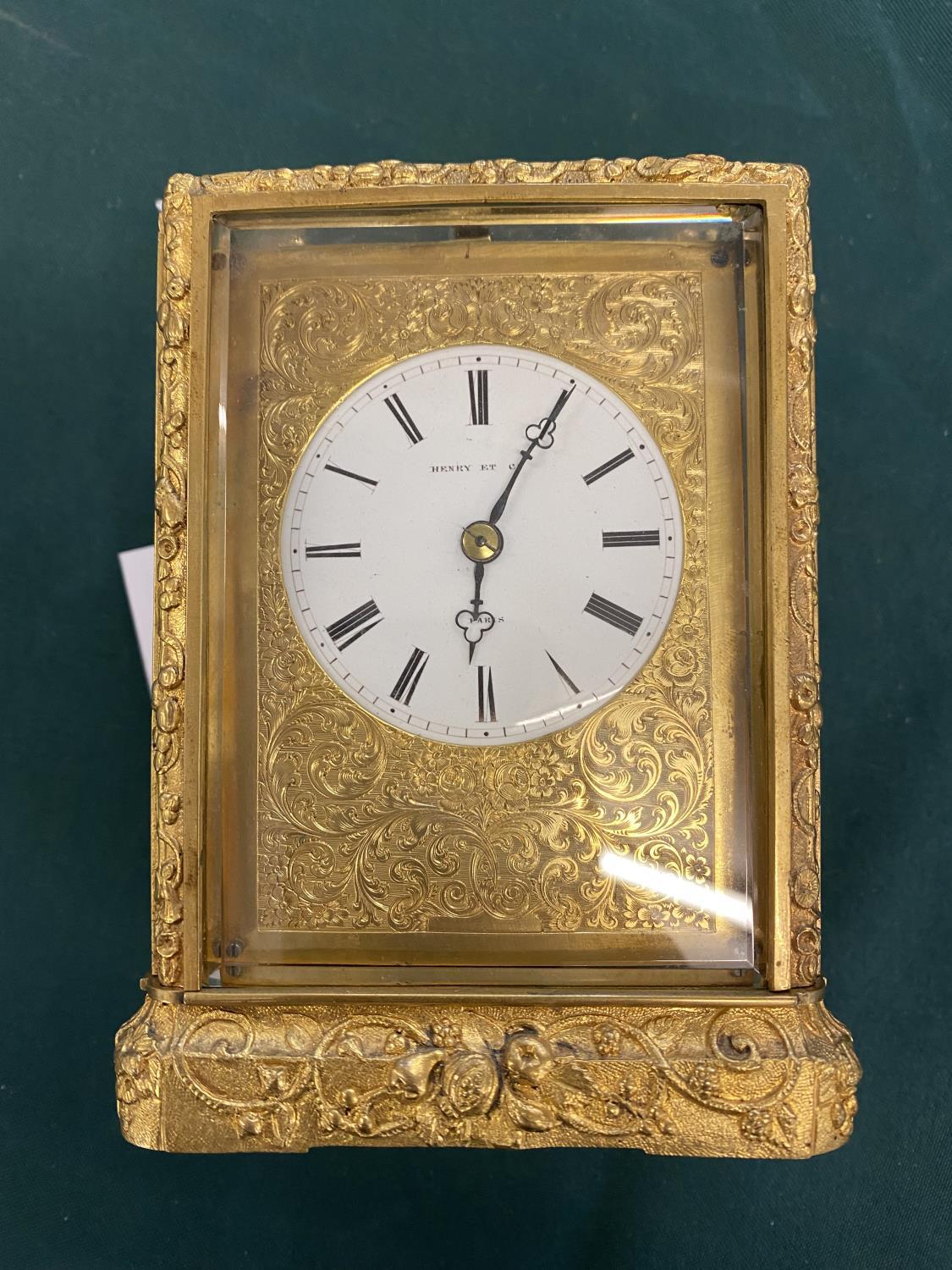 AN ELABORATE GILT BRASS CARRIAGE CLOCK BY HENRY OF PARIS. With a white enamelled dial with Roman - Image 3 of 14