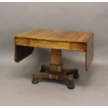 A REGENCY ROSEWOOD SOFA TABLE. With a rectangular top with drop flap ends above a single blind