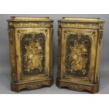 A FINE PAIR OF VICTORIAN WALNUT AND MARQUETRY PIER CABINETS. Each with rectangular tops with
