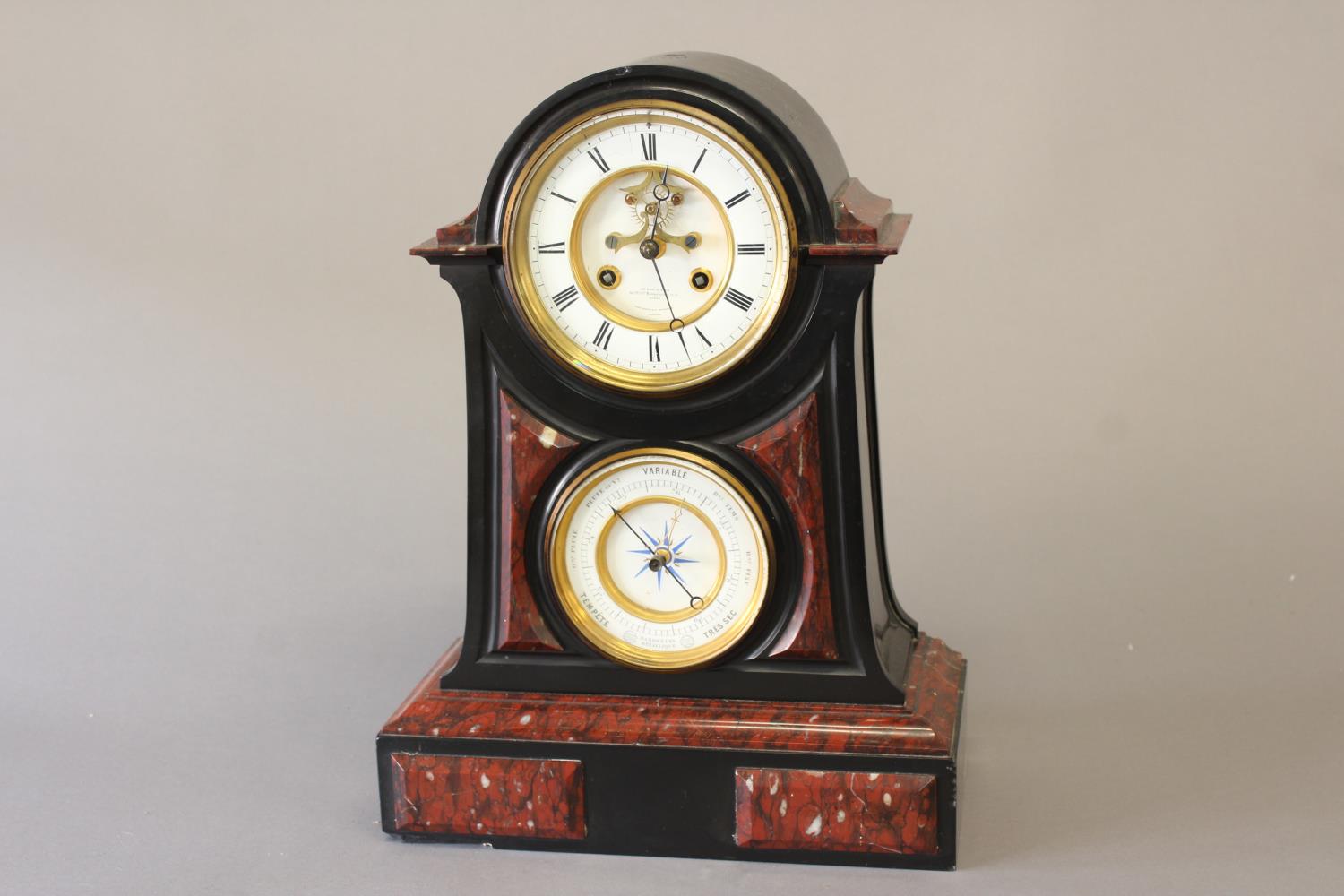 A FINE VICTORIAN SLATE AND MARBLE MANTEL CLOCK AND BAROMETER. The upper clock dial with an outer