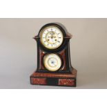 A FINE VICTORIAN SLATE AND MARBLE MANTEL CLOCK AND BAROMETER. The upper clock dial with an outer