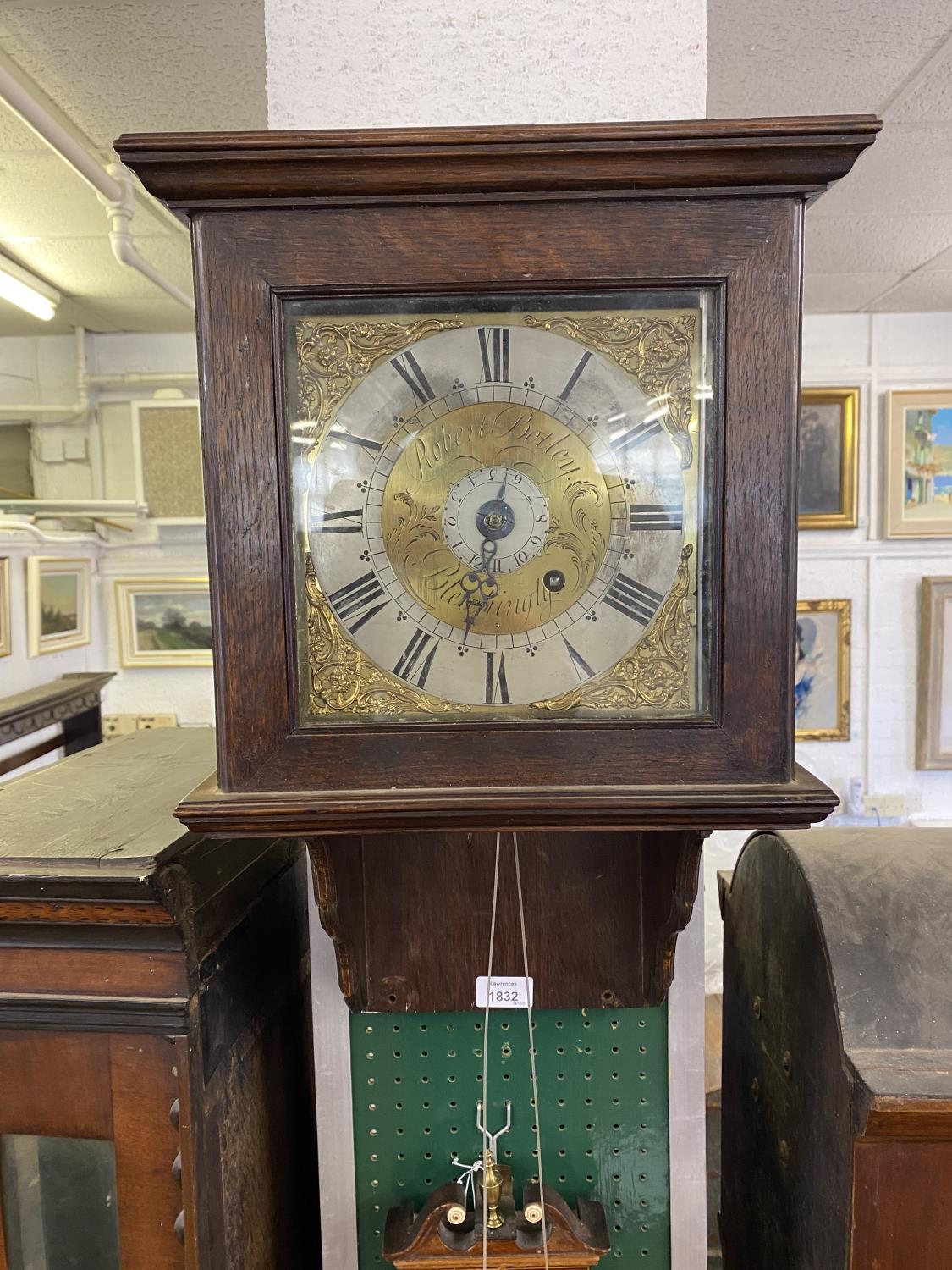 AN 18TH CENTURY WALL CLOCK BY ROBERT BOTLEY OF BLETCHINGLY. With a 20cm brass dial with silvered - Image 2 of 13