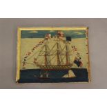 A VICTORIAN WOOLWORK PICTURE OF A NAVAL SHIP. The three masted ship flying a Royal Standard, white