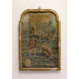 A GEORGE II NEEDLEWORK PANEL. A finely sewn needlework panel depicting a huntsman and hound with a