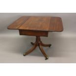 A REGENCY MAHOGANY BREAKFAST TABLE with frieze drawer on pillar and four reed splayed legs; 84 cms