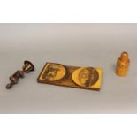 A TUNBRIDGE WARE BOOK SLIDE AND TWO OTHER ITEMS. A Victorian rosewood and marquetry Tunbridge ware