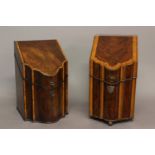 TWO SIMILAR GEORGE III MAHOGANY KNIFE BOXES. A George III Mahogany knife box with a sloping lid with