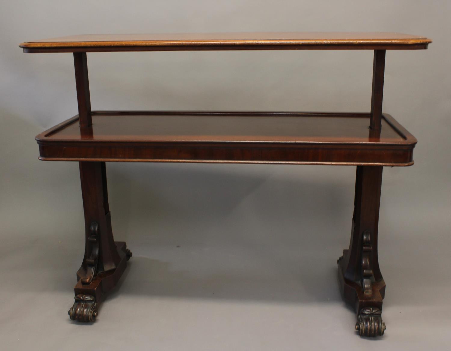 A VICTORIAN MAHOGANY METAMORPHIC DUMB WAITER. The rectangular top with moulded border rising to - Image 2 of 2
