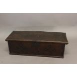 A LATE 16TH CENTURY OAK AND MARQUETRY LONG BOX. The rectangular top with a moulded front edge and