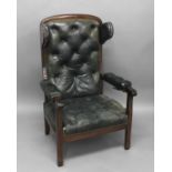 A FRENCH MECHANICAL RECLINING ARMCHAIR BY DU PONT OF PARIS. The mahogany frame with buttoned leather