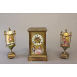 A 19th CENTURY FRENCH PAINTED AND GILT METAL CLOCK GARNITURE. The tall rectangular clock with