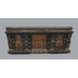 A 17TH CENTURY 'NONSUCH' BED HEAD OR OVERMANTEL PANEL. A fine carved and marquetry overmantel or