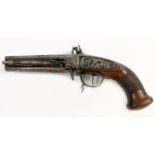 AN UNUSUAL WENDER 90 BORE FLINTLOCK PISTOL. With two 13cm circular tapering barrels with enclosed