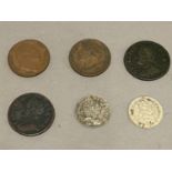 A SMALL COLLECTION OF CHARLES II AND LATER 3D AND FARTHINGS. A George III 3d, dated 1762 and a