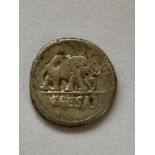 A JULIUS CAESAR ROMAN IMPERIAL SILVER DENARIUS. Obverse elephant r. above Caesar, reverse with