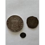 A JAMES I PENNY AND TWO OTHERS. A James I hammered silver penny, rose obverse. A Charles I shilling,