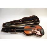 CASED VIOLIN by Westbury Antiqued, a full size violin with a two piece back, 58cms high. In a case