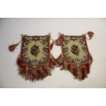 PAIR OF BEADWORK PANELS OR BANNERS the decorative banners with finely embroidered central panels
