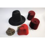VINTAGE WELSH HAT & OTHER HATS a vintage black silk Welsh hat with wide brim, also with a Turkish