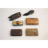 TREEN SNUFF BOXES including a carved snuff box in the form of two shoes's, with a hinged lid and