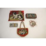 19THC BEADWORK PANEL with a depiction of a dog, also with a small beadwork purse, a leather case