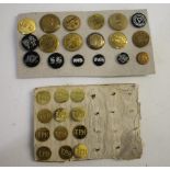 HUNT BUTTONS including a card with 18 various brass and other buttons, also with 12 buttons from the