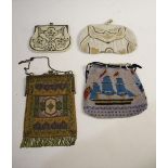 A LATE 19THC BEADWORK BAG with metal frame and chain and a delicate silk lining. Also with a draw