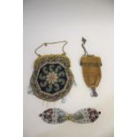 A LATE 19THC BEADWORK BAG the bag with a gilt metal frame and chain, also with a yellow woven silk