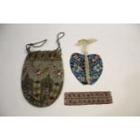 19THC DRAW STRING BEAD PURSE witha floral design and chamons leather lining, also with a heart