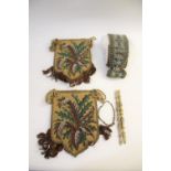 PAIR OF 19THC BEADWORK FACE SCREENS each with gold coloured wooden poles, also with a long