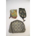 19THC BEADWORK PURSE with black velvet draw string, also with an unusual beadwork purse with a