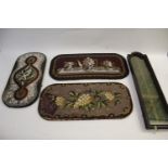 19THC BEADWORK PANELS & DISPLAY FRAME three various beadwork panels, a length of silk in a glazed
